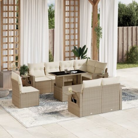 Ensemble de jardin 9 places en résine tressée beige avec table réglable et coussins - Salon extérieur modulaire avec coussins dossier et assise (1/5)