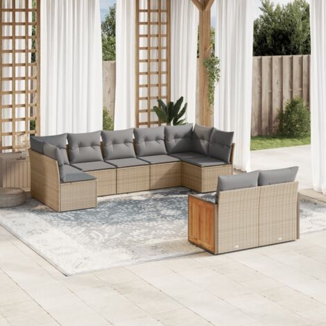 Ensemble Salon Jardin 9 Places Résine Tressée Beige avec Coussins Gris - Mobilier Extérieur Modulaire avec Rangement (1/3)