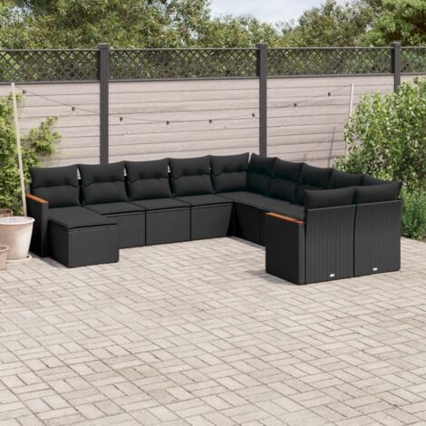 Salon de Jardin 11 Pièces Noir Résine Tressée avec Coussins - Ensemble Modulaire avec Rangement et Accoudoirs Bois d'Acacia (1/3)