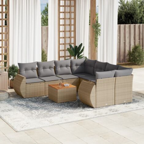 Ensemble Salon Jardin 9 Places Résine Tressée Beige avec Coussins Gris - Table Acacia, Modulaire (1/5)