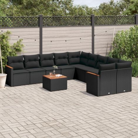 Ensemble Salon Jardin 11 Pièces Noir Résine Tressée avec Coussins - Table Acacia et Structure Acier (1/5)