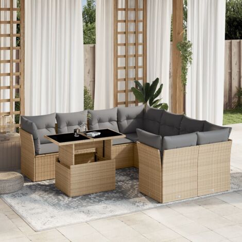Salon de Jardin 9 Places en Résine Tressée Beige avec Table Réglable et Coussins Gris Lavables - Ensemble Modulaire Jardin (1/5)