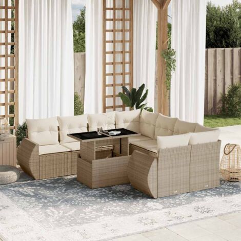 Ensemble Salon Jardin 9 Places Résine Tressée Beige avec Coussins Amovibles et Table Réglable (1/5)
