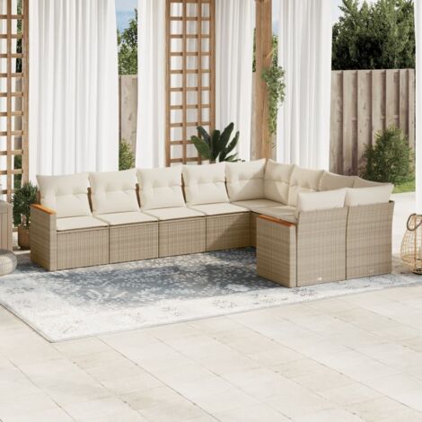 Ensemble de jardin 9 places en résine tressée beige avec coussins et rangement - Salon d'extérieur modulaire avec accoudoirs rotin et acacia (1/3)
