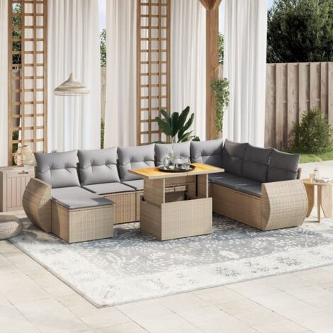 Ensemble Salon Jardin 9 Places Résine Tressée Beige avec Coussins Gris - Table Réglable et Mobilier Modulaire (1/3)