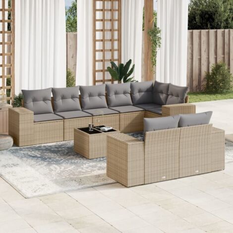 Salon de Jardin 9 Places en Résine Tressée Beige avec Coussins Gris - Ensemble Modulaire avec Table en Verre Trempé pour Terrasse et Jardin (1/5)