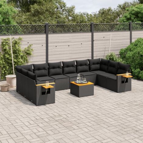 Ensemble Salon Jardin 11 Pièces Noir Résine Tressée avec Coussins - Table et Sièges Modulaires Rangement Intégré (1/3)