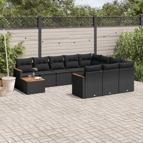 Ensemble Jardin 11 Pièces Noir Résine Tressée avec Coussins - Salon Extérieur Modulaire Rangement Intégré Acacia (1/3)