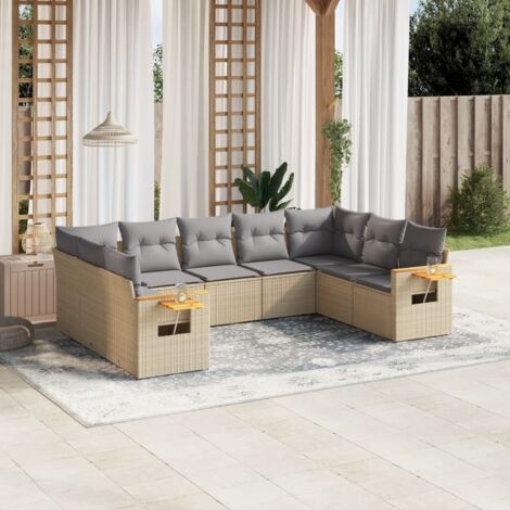 Ensemble Salon Jardin 9 Places Résine Tressée Beige - Canapés Modulaires avec Coussins Gris, Table d'Appoint et Structure Acier (1/5)