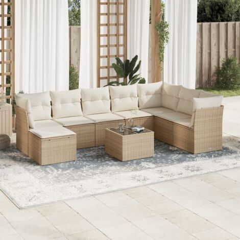 Ensemble Salon Jardin 9 Places Résine Tressée Beige avec Coussins Amovibles et Table Verre Trempé - Stockage Intégré (1/3)
