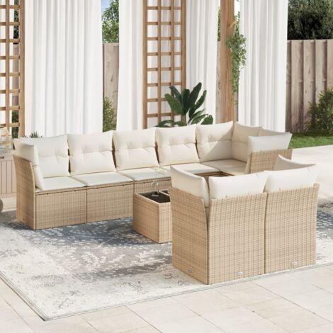 Ensemble Salon Jardin 9 Places Résine Tressée Beige avec Coussins Crème - Table Verre Trempé - Modulaire (1/3)