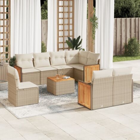Salon de Jardin 9 Places en Résine Tressée Beige avec Coussins - Table Acacia - Ensemble Modulaire Extérieur (1/5)