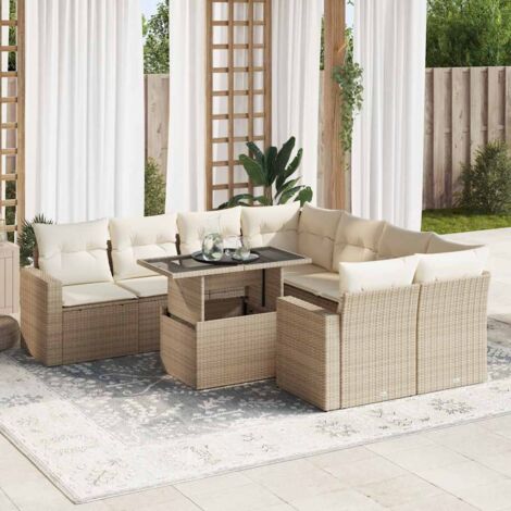 Ensemble Salon Jardin 9 Places Résine Tressée Beige avec Coussins - Table Réglable et Rangement Intégré (1/5)