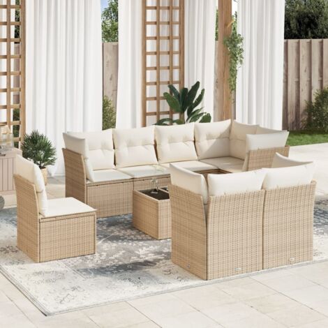Ensemble Salon Jardin 9 Places Résine Tressée Beige avec Table Verre Trempé et Coussins Détachables (1/3)