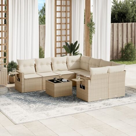 Ensemble Salon Jardin 9 Places Résine Tressée Beige avec Coussins - Table Verre Trempé, Mobilier Extérieur Modulaire (1/5)