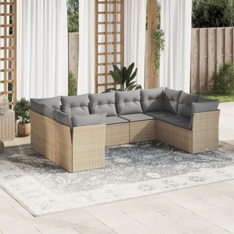 Ensemble Salon Jardin 9 Places Résine Tressée Beige avec Coussins Gris - Canapé Modulaire d'Extérieur (1/3)