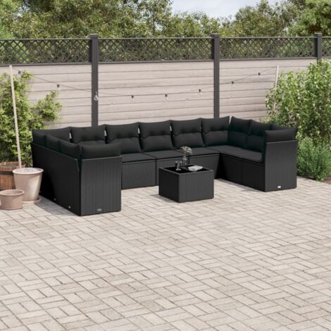 Ensemble salon jardin 11 pièces résine tressée noir avec coussins et rangement intégré (1/3)