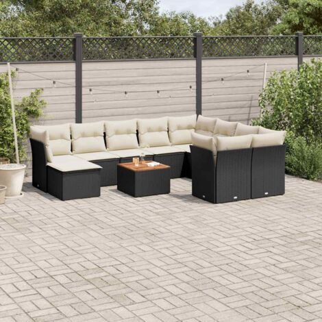 Salon de Jardin 11 Pièces Noir Résine Tressée avec Table Acacia et Coussins Crème - Ensemble Modulaire avec Rangement Intégré (1/5)