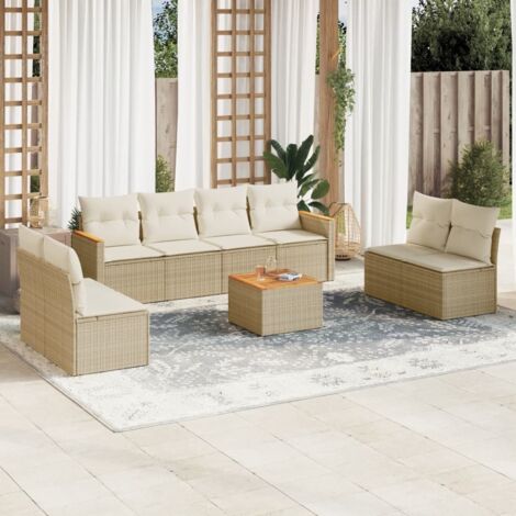 Salon de Jardin 9 Places en Résine Tressée Beige avec Coussins - Table Acacia, Modulaire, Stockage Intégré (1/3)