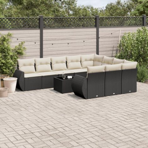 Ensemble Salon Jardin 11 Pièces Noir Résine Tressée avec Table Verre Trempé et Coussins Crème Amovibles - Stockage Intégré (1/3)