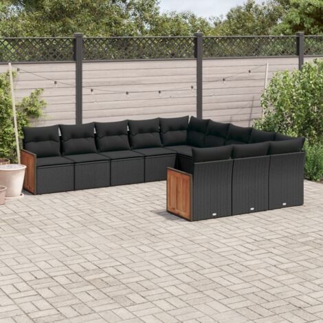 Ensemble Salon Jardin 11 Pièces Résine Tressée Noir avec Coussins - Mobilier Extérieur Modulaire avec Rangement (1/3)