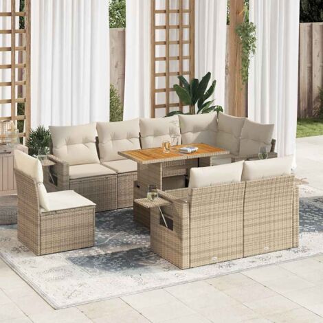 Ensemble Salon Jardin 9 Places Résine Tressée Beige avec Table Acacia et Coussins Amovibles (1/5)