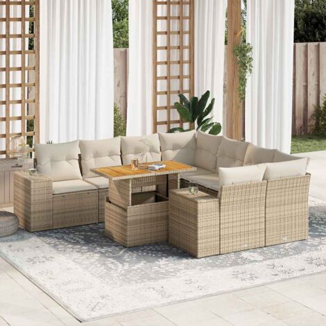 Ensemble de jardin 9 places en résine tressée beige avec table extensible et rangements intégrés (1/5)