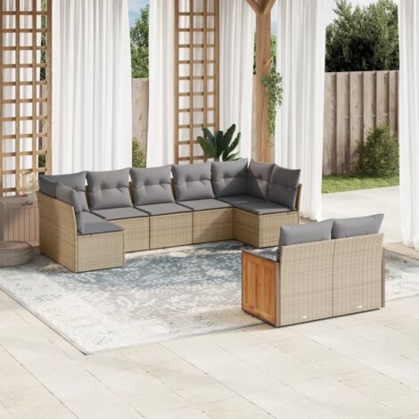 Ensemble Salon Jardin 9 Places Résine Tressée Beige avec Coussins Gris Modulable (1/5)