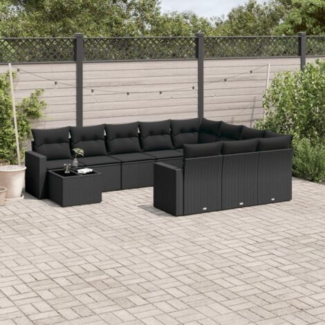 Salon de Jardin 11 Pièces Résine Tressée Noir avec Coussins - Ensemble Modulaire Canapé d'Extérieur, Table Verre Trempé, Meuble Terrasse (1/5)