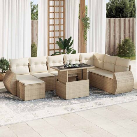 Salon de Jardin 9 Places en Résine Tressée Beige avec Table Réglable et Coussins Lavables - Ensemble Modulaire avec Rangement Intégré (1/5)