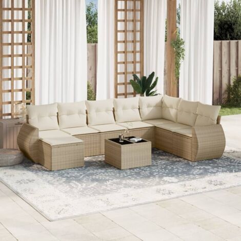Ensemble salon jardin 9 places résine tressée beige avec coussins lavables et table verre trempé - Mobilier extérieur modulaire (1/5)