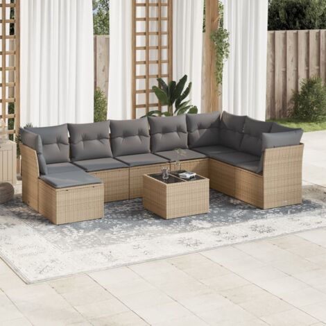 Salon de Jardin 9 Places en Résine Tressée Beige avec Coussins Gris - Ensemble Modulaire Table et Tabouret Inclus (1/3)