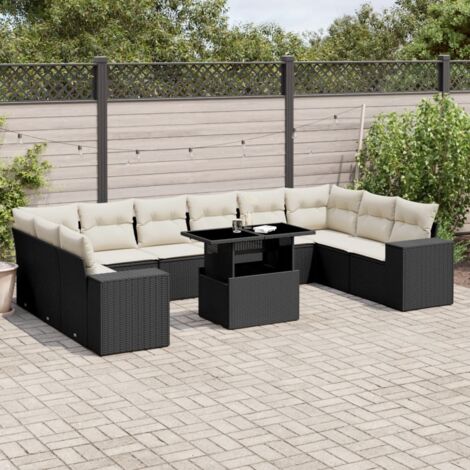 Ensemble de jardin 11 pièces noir résine tressée avec coussins - Salon extérieur modulable avec table réglable (1/5)