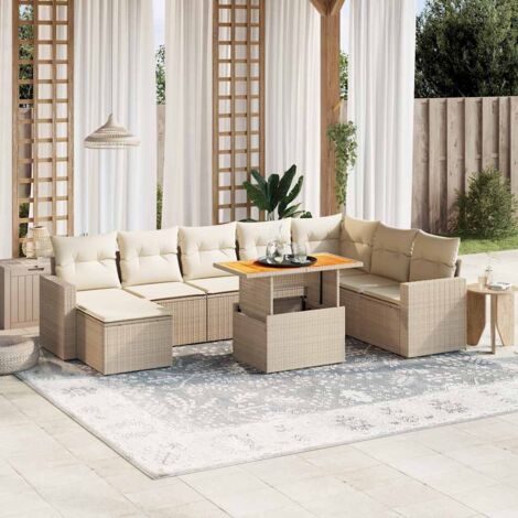 Ensemble Salon Jardin 9 Places Résine Tressée Beige avec Coussins - Table Réglable Hauteur, Mobilier Extérieur Modulaire (1/3)