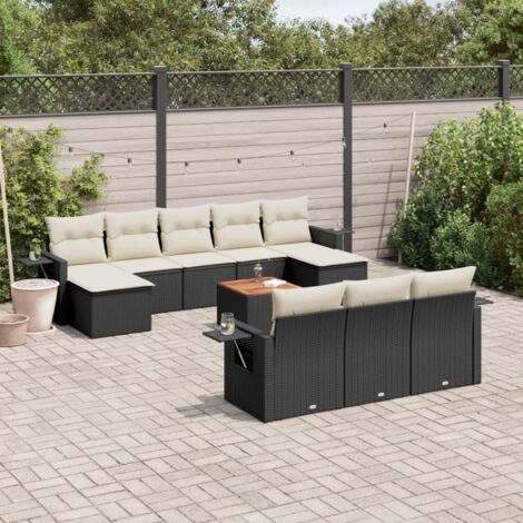 Salon de jardin 11 pièces noir résine tressée avec coussins crème, rangement intégré et table acacia (1/3)
