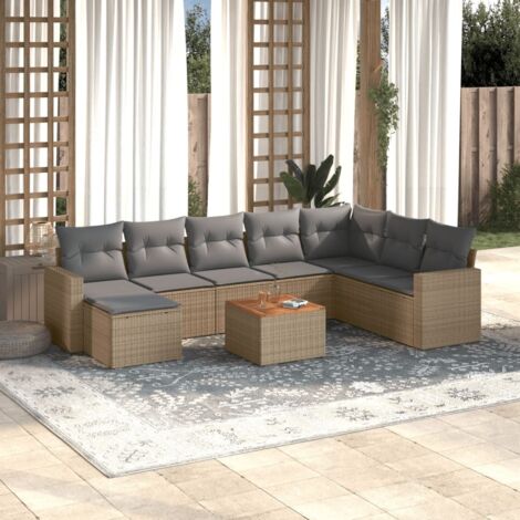 Ensemble de jardin 9 places en résine tressée beige avec coussins gris, table acacia et repose-pieds (1/3)