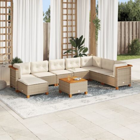 Ensemble Salon Jardin 9 Places Résine Tressée Beige avec Coussins Détachables - Structure Acier et Plateau Acacia (1/5)