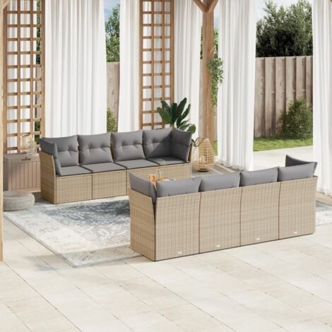 Ensemble Salon Jardin 9 Places Résine Tressée Beige - Canapés d'Angle et Central avec Table Acacia et Coussins Gris (1/3)
