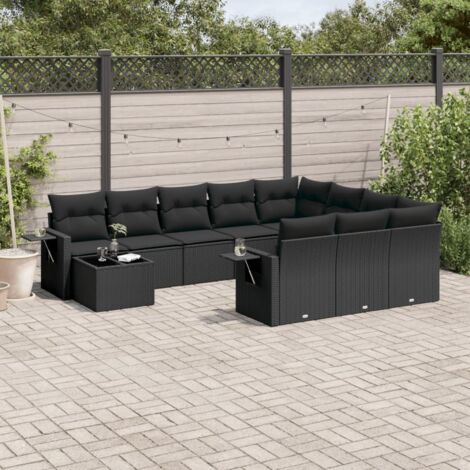 Salon de Jardin 11 Pièces Noir Résine Tressée avec Coussins et Table - Ensemble Modulaire avec Rangement et Housse Lavable (1/3)