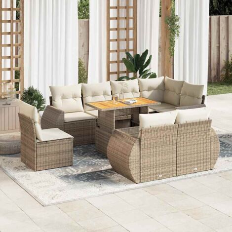 Ensemble Salon Jardin 9 Places Résine Tressée Beige avec Coussins Amovibles et Table Réglable (1/5)