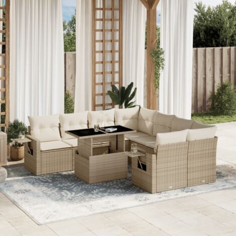 Salon de Jardin 9 Places en Résine Tressée Beige avec Coussins - Ensemble Modulaire avec Table à Hauteur Réglable (1/5)