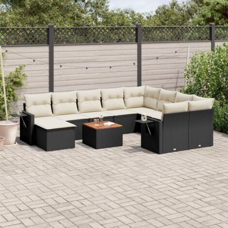 Ensemble Salon Jardin 11 Pièces Noir Résine Tressée avec Table Acacia et Coussins Crème - Mobilier Extérieur Modulaire avec Rangement (1/3)