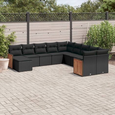 Ensemble Salon Jardin 11 Pièces Noir Résine Tressée avec Coussins - Canapé d'Angle, Siège Central et Repose-Pieds Modulables (1/3)