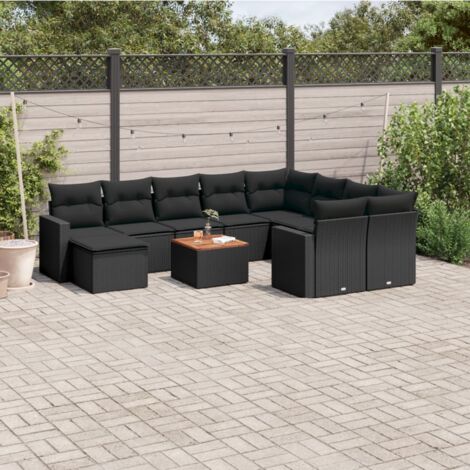 Ensemble Salon Jardin 11 Pièces Résine Tressée Noir avec Coussins et Table Acacia - Modulaire Rangement Intégré (1/5)
