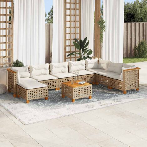 Ensemble Salon Jardin 9 Pièces Résine Tressée Beige avec Coussins Crème - Canapé d'Angle Modulaire en Bois d'Acacia (1/5)