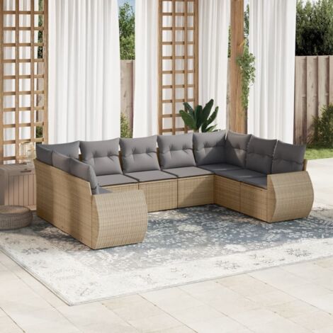 Ensemble Salon Jardin 9 Places Résine Tressée Beige avec Coussins Gris - Modulaire, Rangement Intégré, Résistant aux UV (1/3)