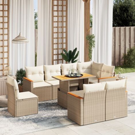 Ensemble Salon Jardin 9 Places Résine Tressée Beige avec Coussins - Table Réglable, Modulaire et Lavable (1/3)