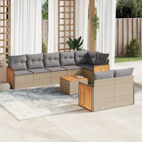 Ensemble Salon Jardin 9 Places Résine Tressée Beige avec Coussins Gris et Table Acacia (1/5)