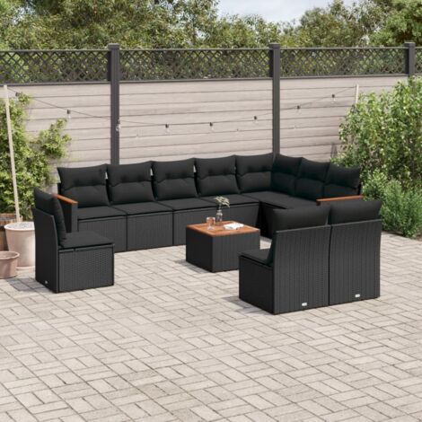 Ensemble Salon Jardin 11 Pièces Noir Résine Tressée avec Coussins - Mobilier Extérieur Modulaire Acacia (1/5)
