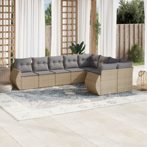 Ensemble Salon Jardin 9 Places Résine Tressée Beige avec Coussins Gris Modulaire (1/5)